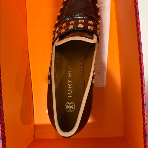 Tory Burch Maroon and Gold Studded Loafers - Picture 6 of 10